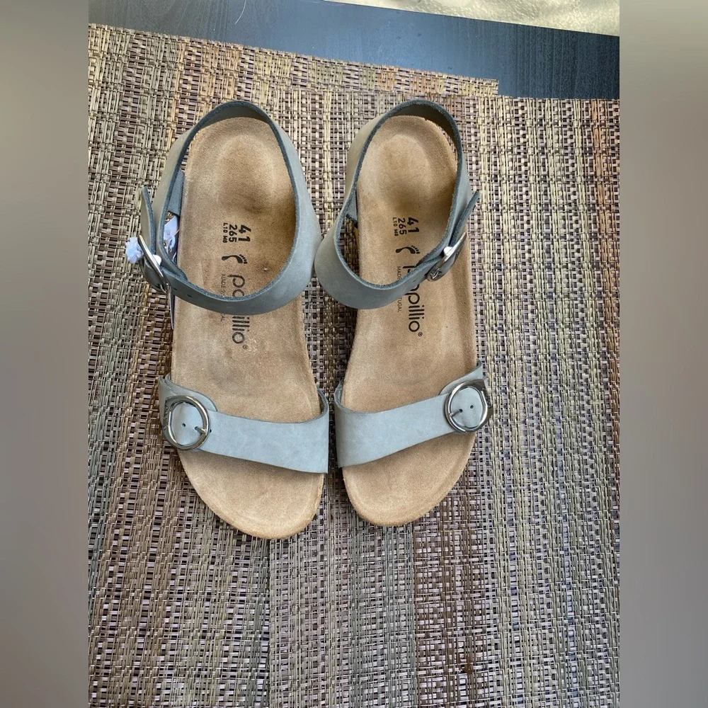Papillio Light Gray Suede Buckle Ankle-Strap Sandals